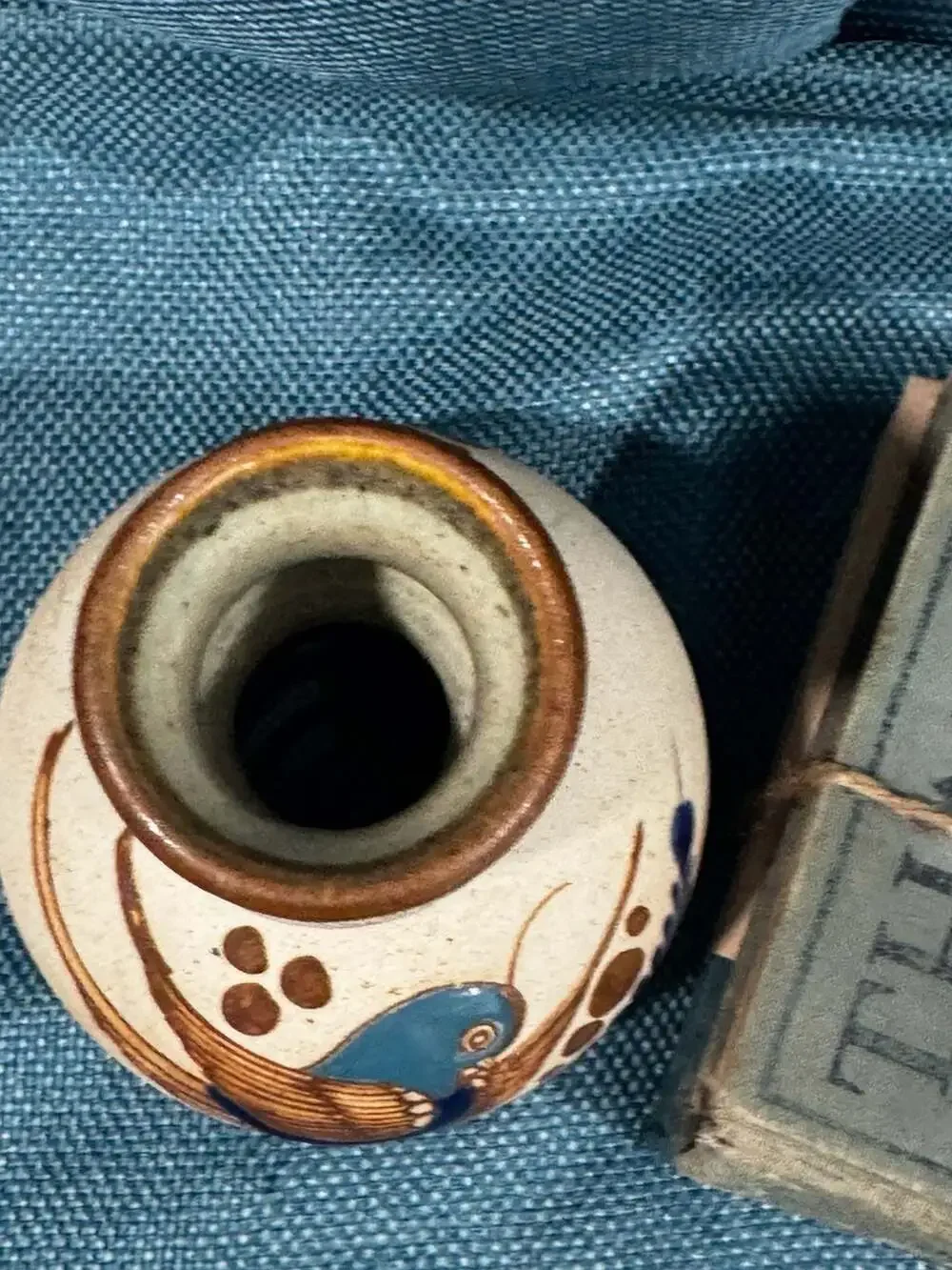 Vintage Tonala Mexican Folk Art Pottery Vase with Hand-Painted Bird Design